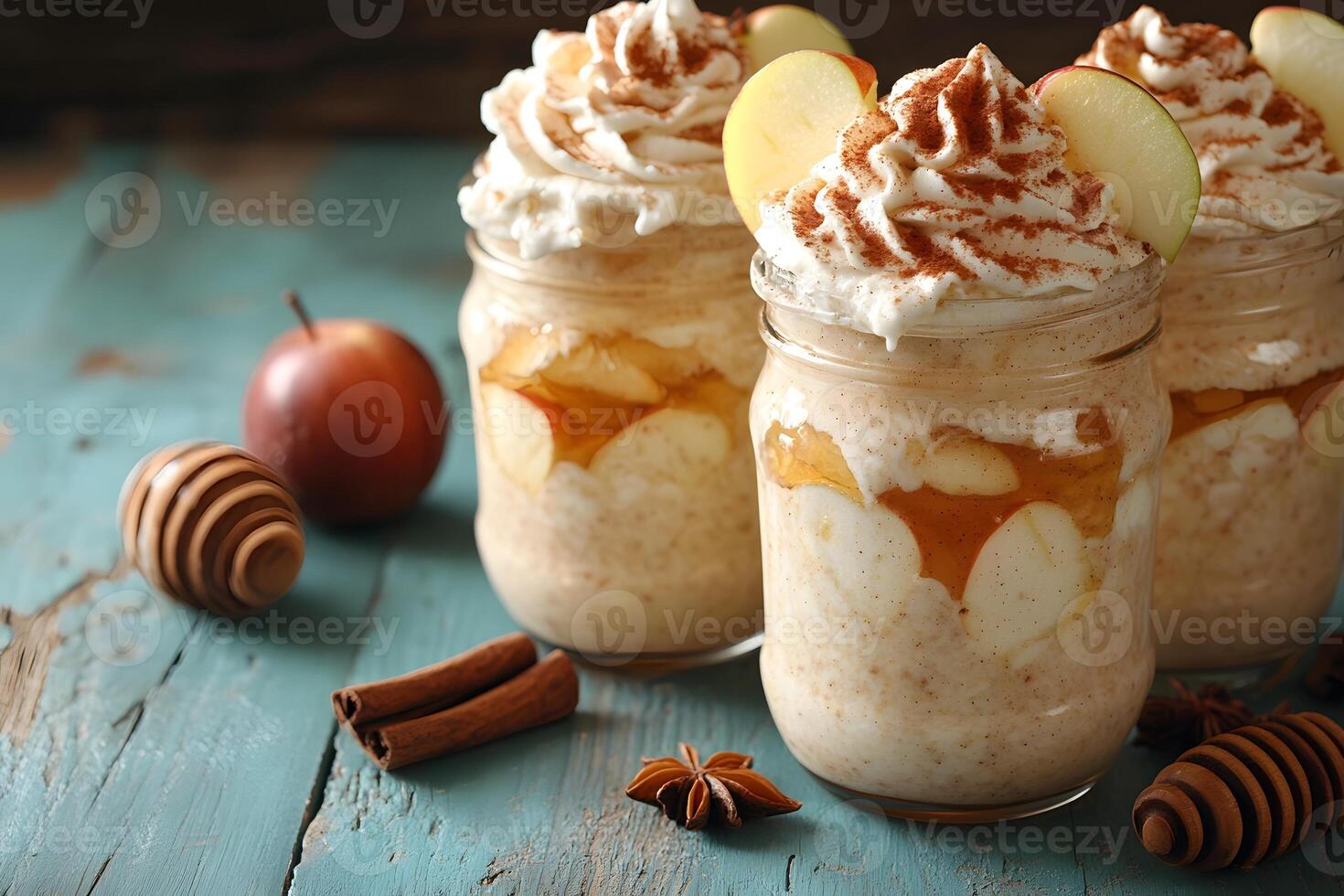 Rustic Autumn Apple Pie Parfait with Whipped Cream for Seasonal Dessert Display photo