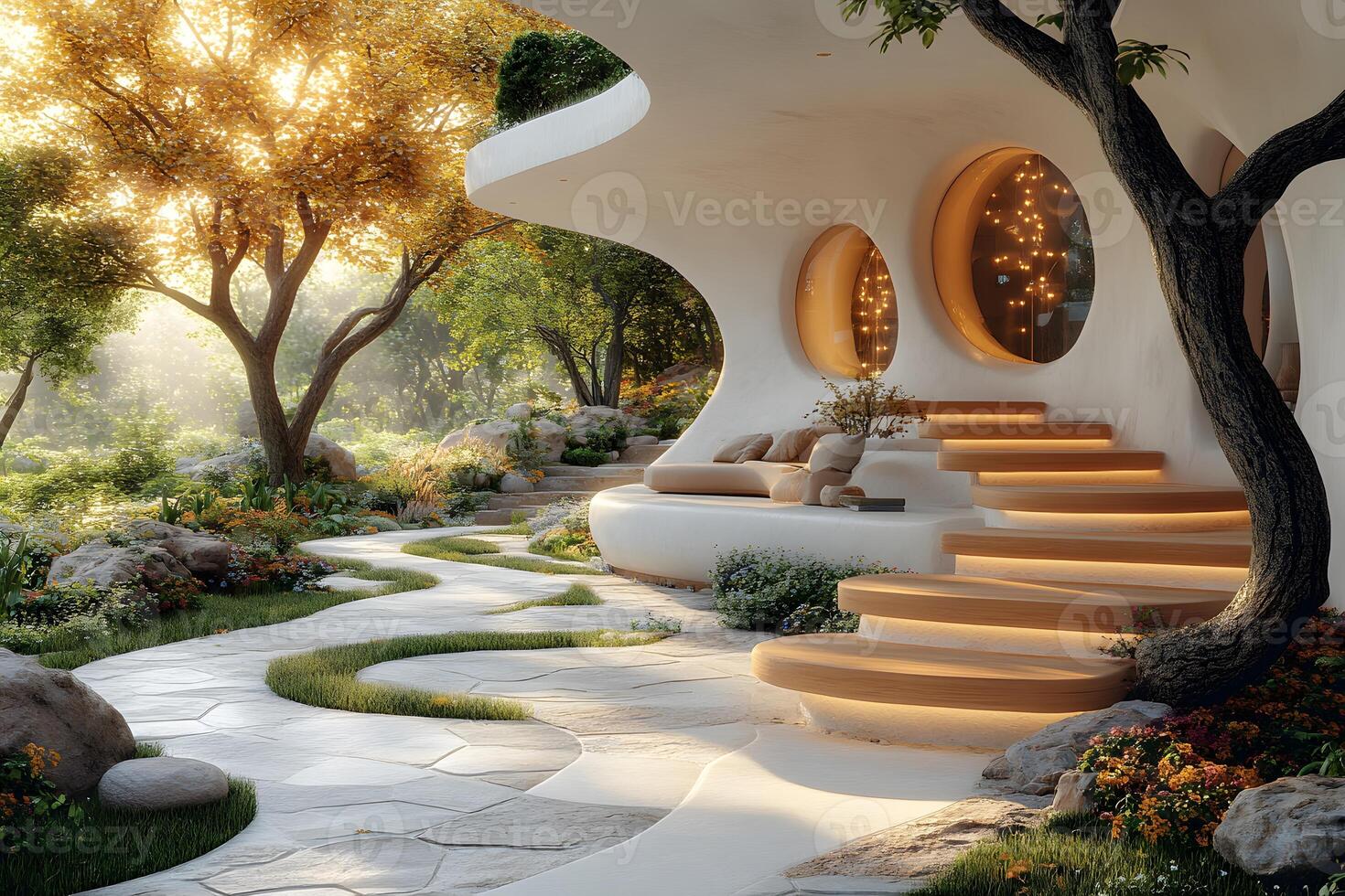 Futuristic Eco-Home with Curved Architecture and Illuminated Steps in Serene Forest Setting photo