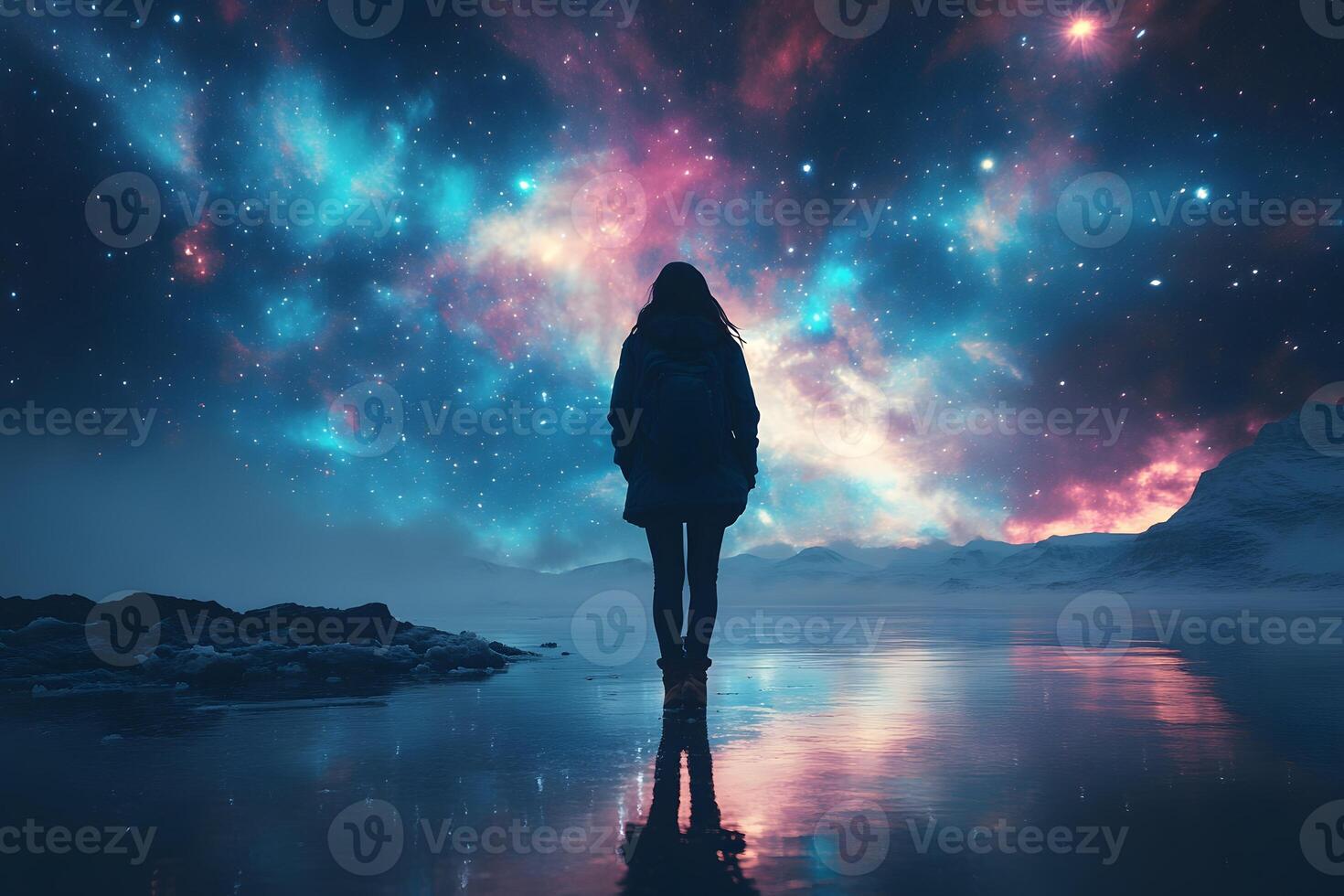 Solitary Figure Under Vibrant Night Sky Reflecting on Tranquil Waters Dreamy Landscape for Posters and Prints photo