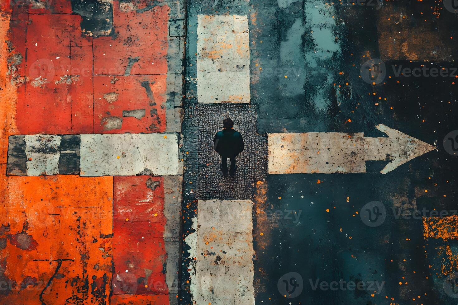 Aerial View of Urban Crosswalk Featuring Solitary Figure and Directional Arrow photo