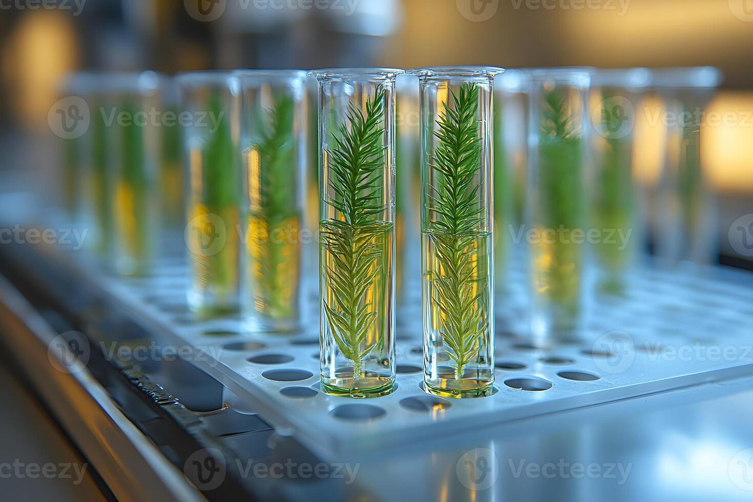 Innovative Botanical Research Evergreen Specimens in Laboratory Test Tubes photo