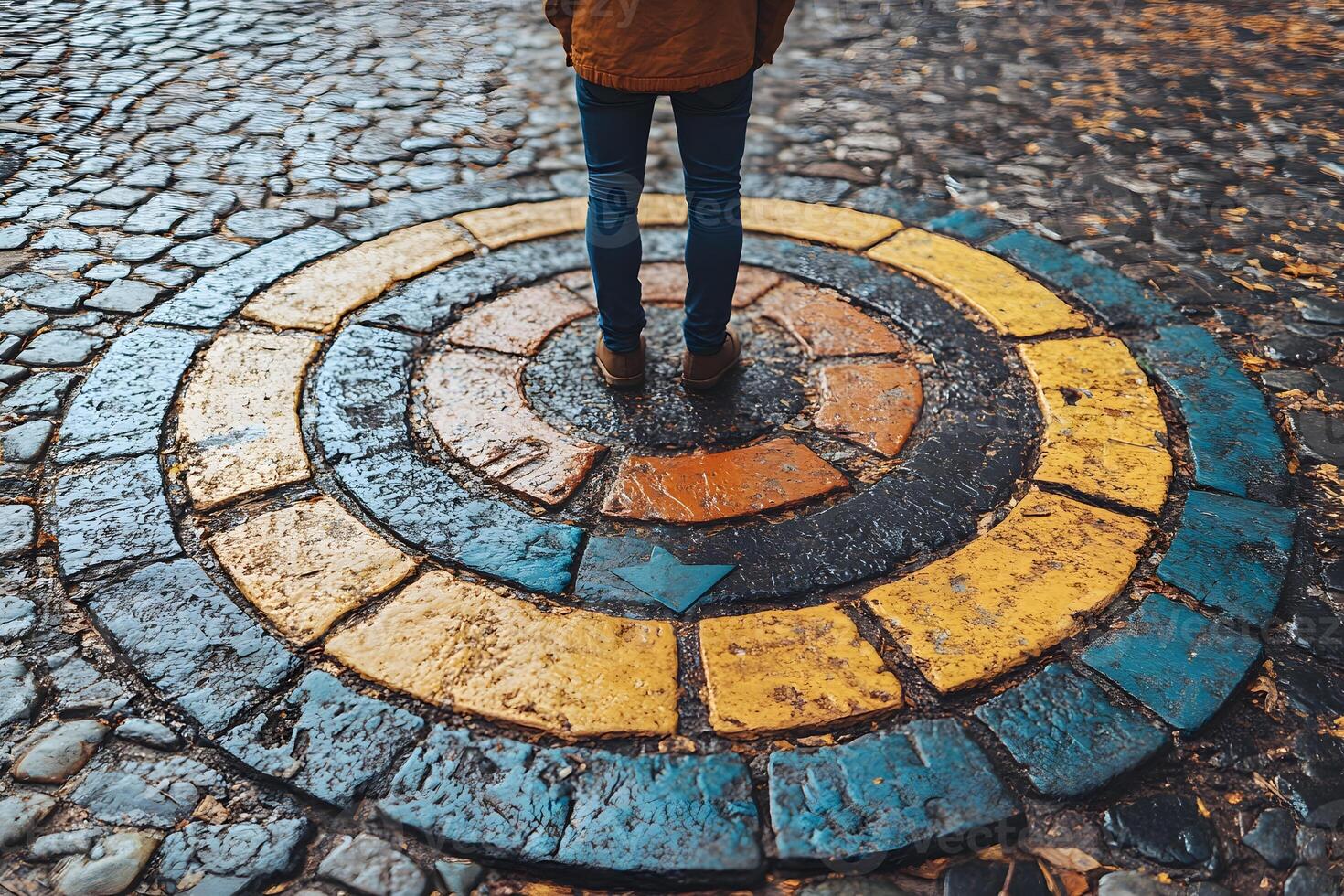 Journey Choices Standing at the Colorful Cobblestone Compass for Exploration photo
