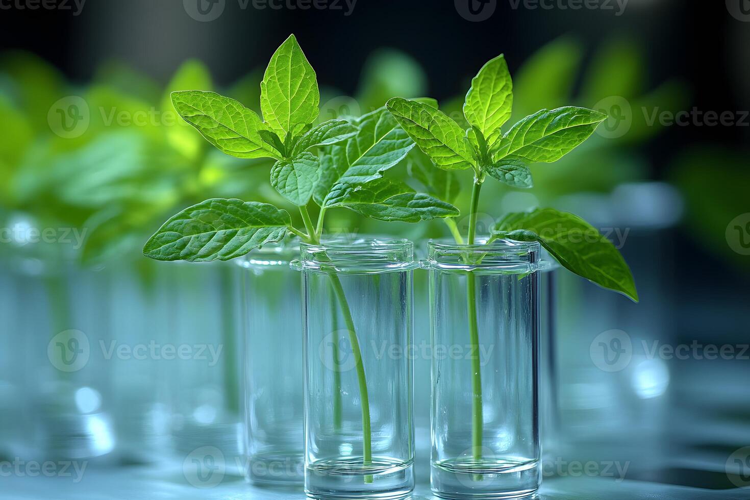 Green Leafy Saplings in Test Tubes Innovative Biotechnology for Plant Research and Development photo