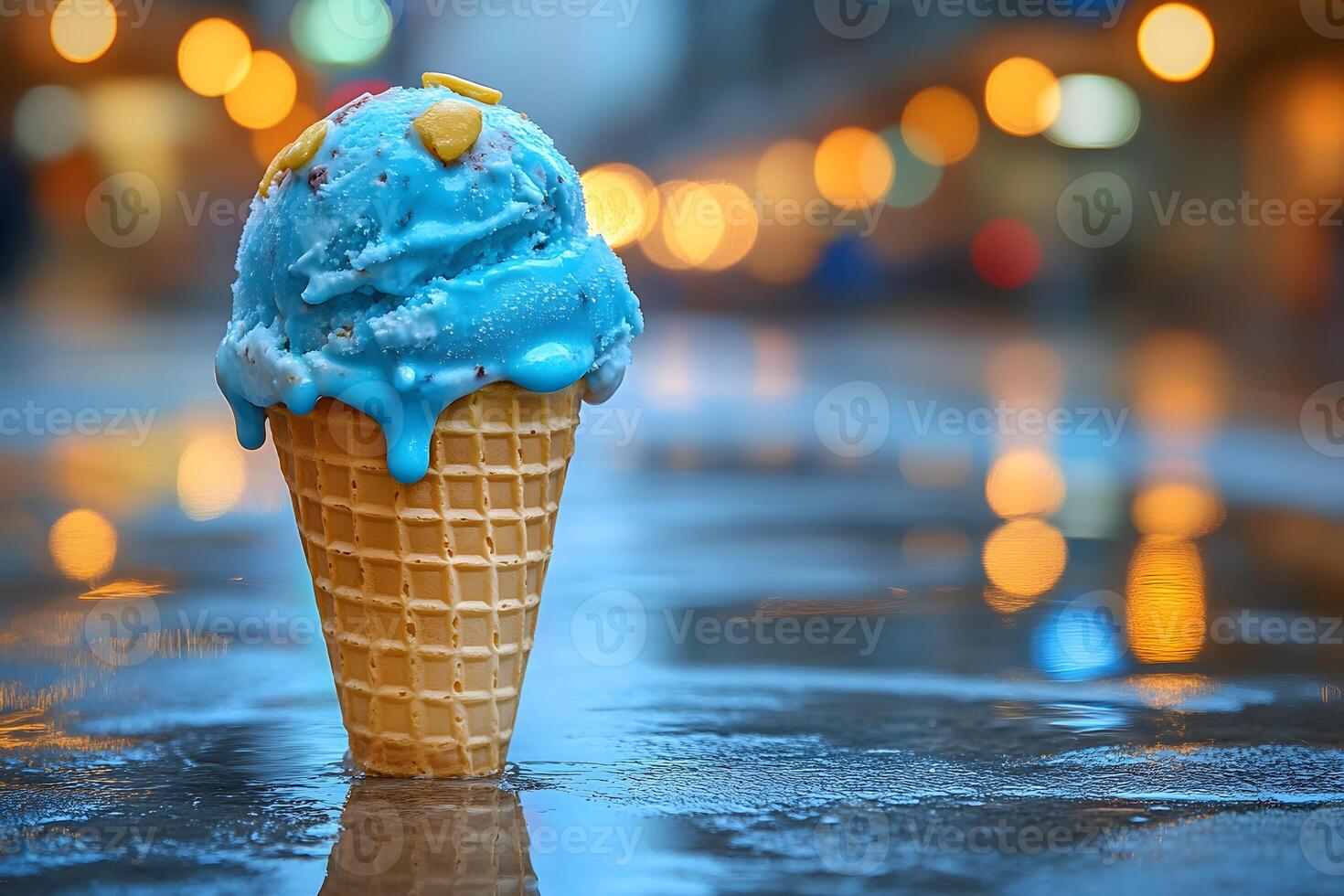 Blue Ice Cream Cone on Rainy Street with Bokeh Lights - Artistic Urban Dessert Scene photo