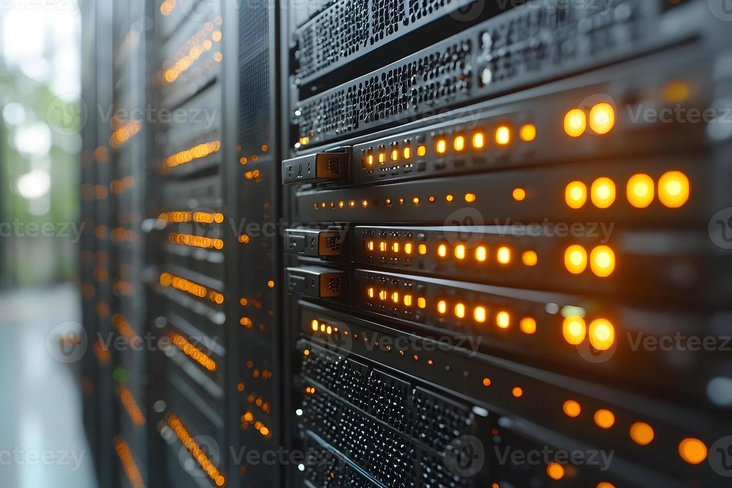 Modern Data Center Server Rack with Glowing Orange LED Indicators for Technology and Network Solutions photo