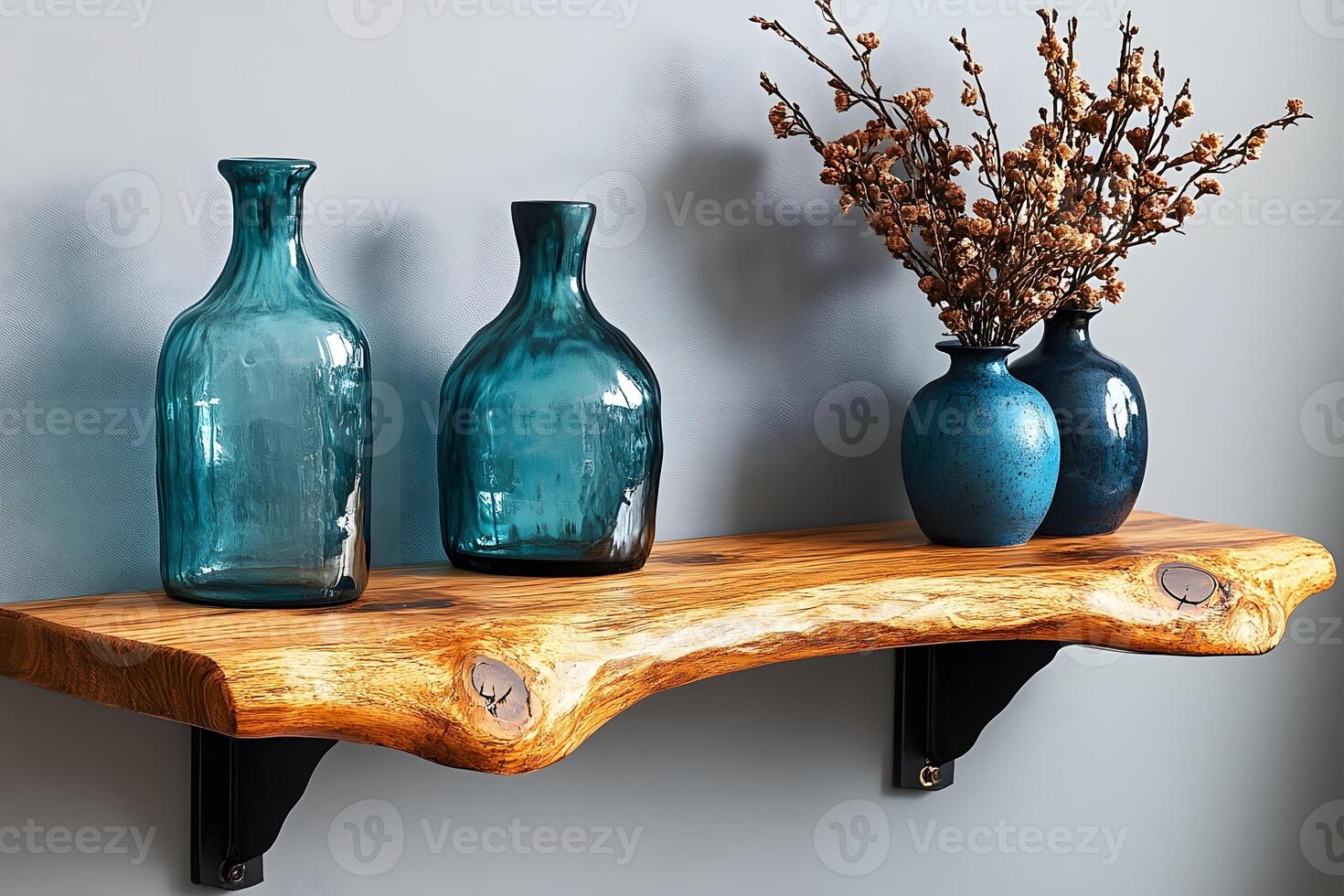 Elegant Home Decor with Glass Vases and Natural Wood Shelf Design for Interior Styling photo