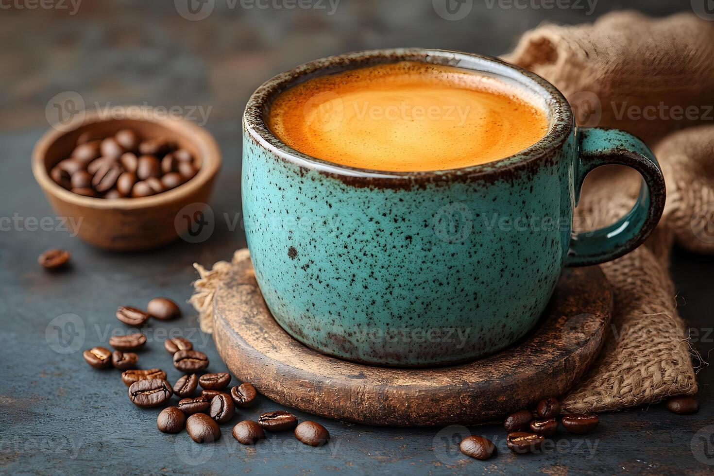 Rustic Coffee Mug with Fresh Espresso on Wooden Coaster for Cafe Ambiance and Lifestyle Concepts photo