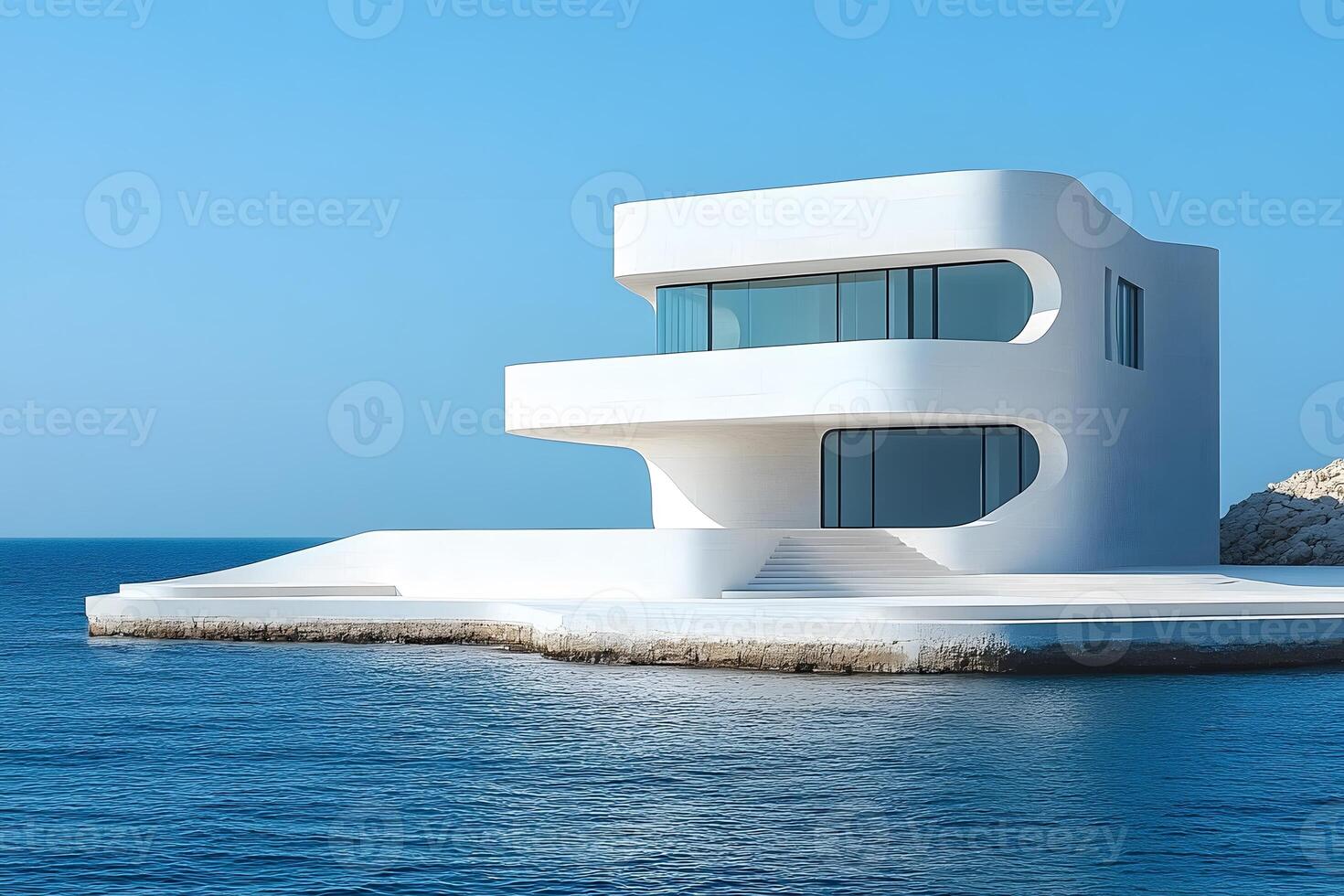 Modern Oceanfront Architecture Design with Minimalist White Curved House photo
