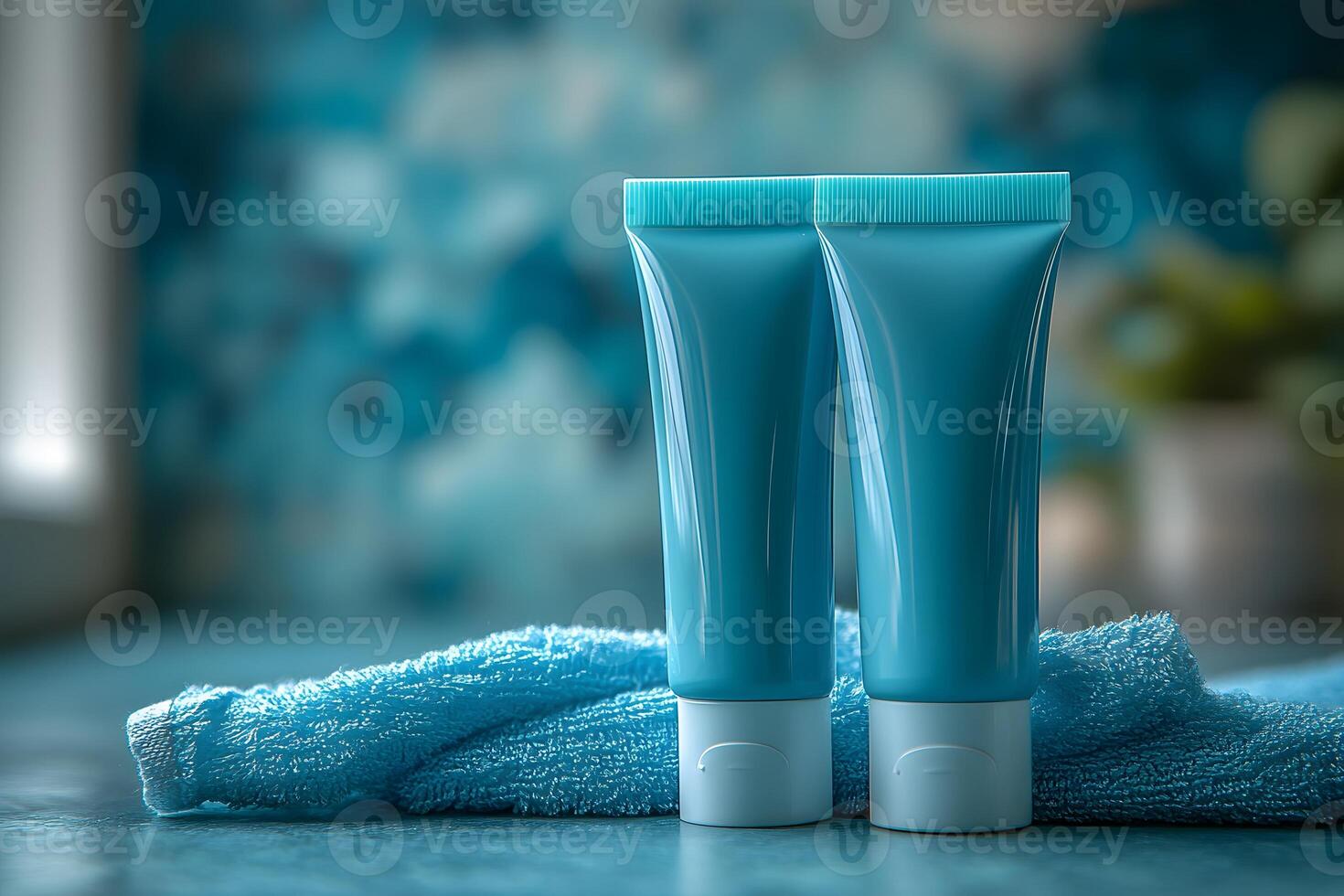 Fresh Skincare Routine Essentials with Blue Tubes and Towel for Spa Aesthetics photo