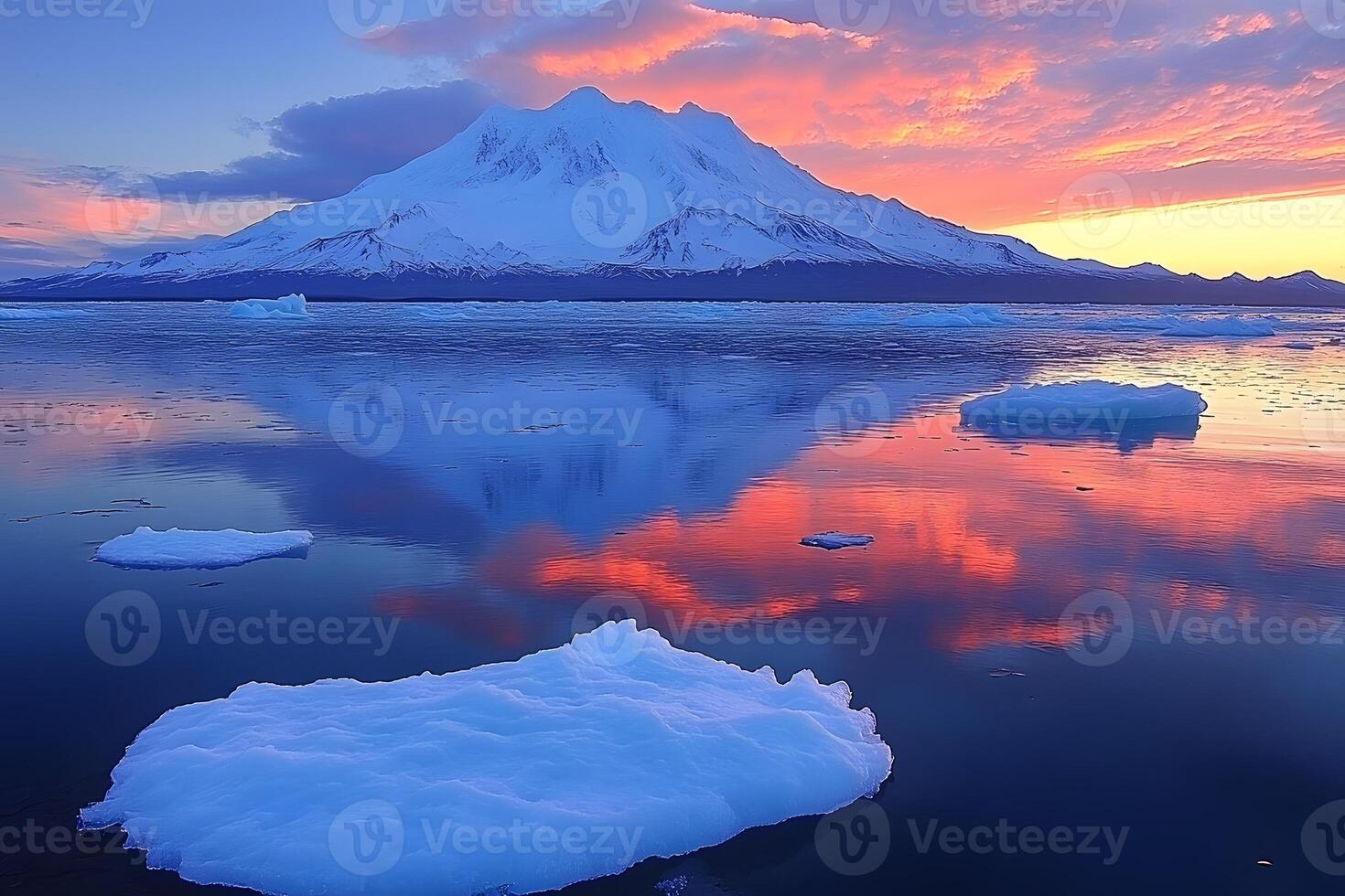 Majestic Winter Sunset Over Frozen Lake and Snow-Capped Mountain Landscape photo
