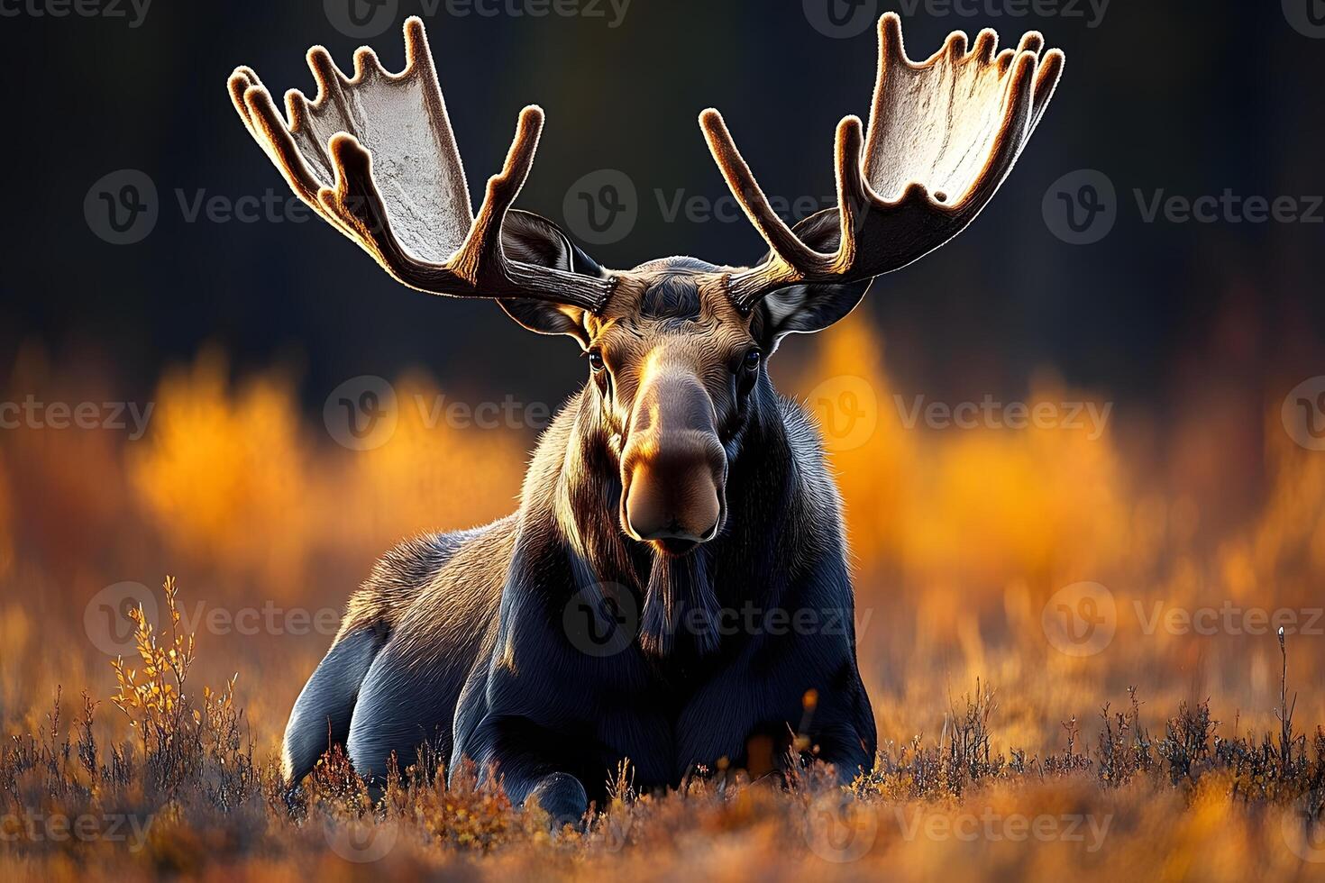 Majestic Moose Resting in Autumn Meadow at Sunset - Wildlife Photography for Nature Enthusiasts photo
