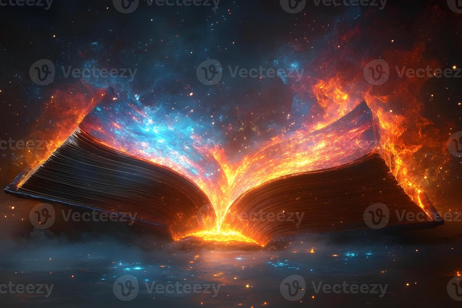 Magical Book with Fiery and Cosmic Elements for Fantasy and Imagination Themes photo