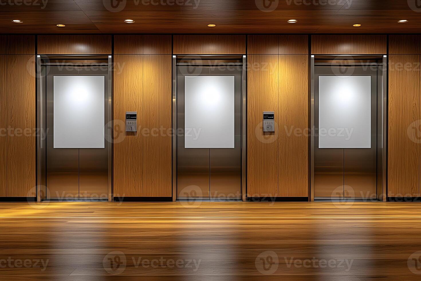 Modern Office Elevators with Wood Paneling in a Corporate Building photo