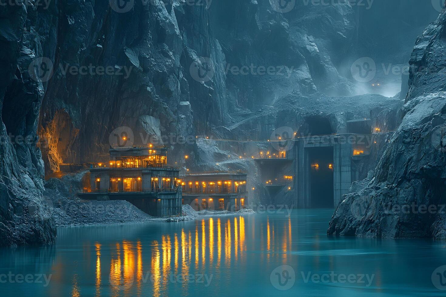 Mystical Underground Quarry with Illuminated Buildings Reflecting in Turquoise Water photo