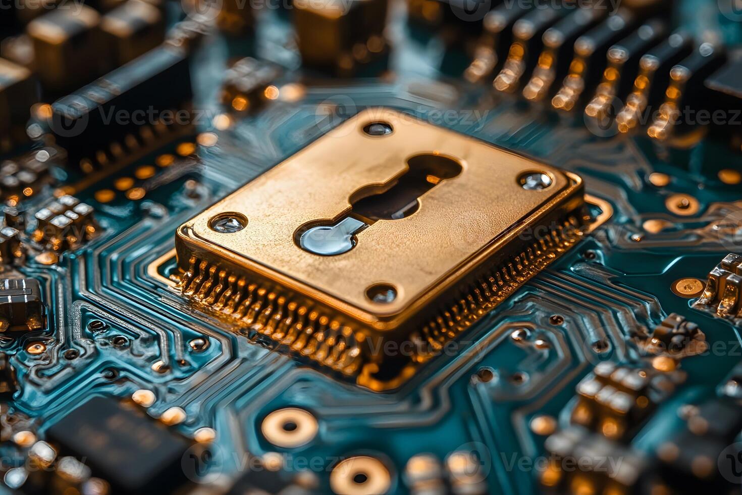 Cybersecurity Concept Golden Lock on Circuit Board for Technology and Security Themes photo