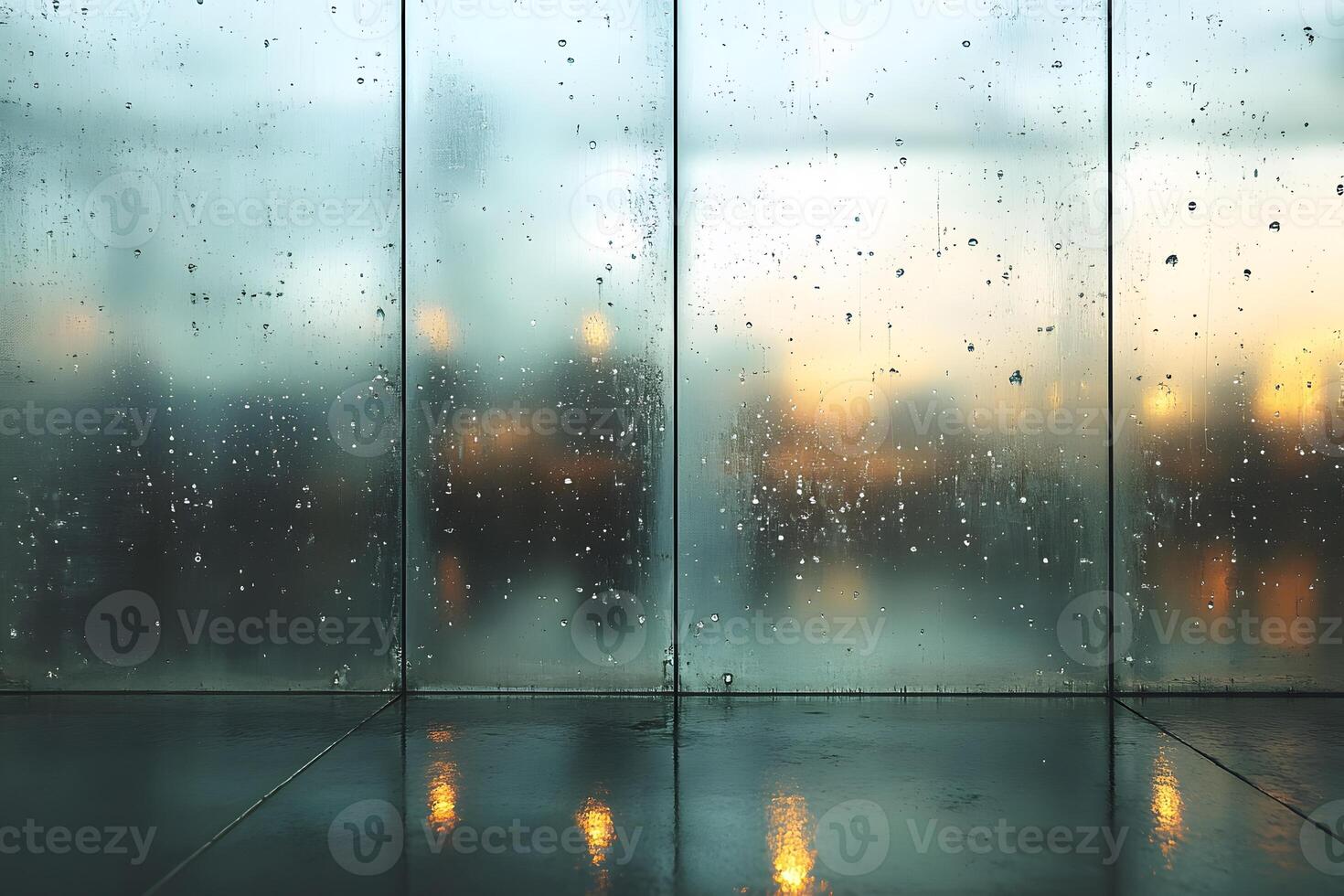 Rainy Cityscape Reflection on Glass Panels at Sunset photo