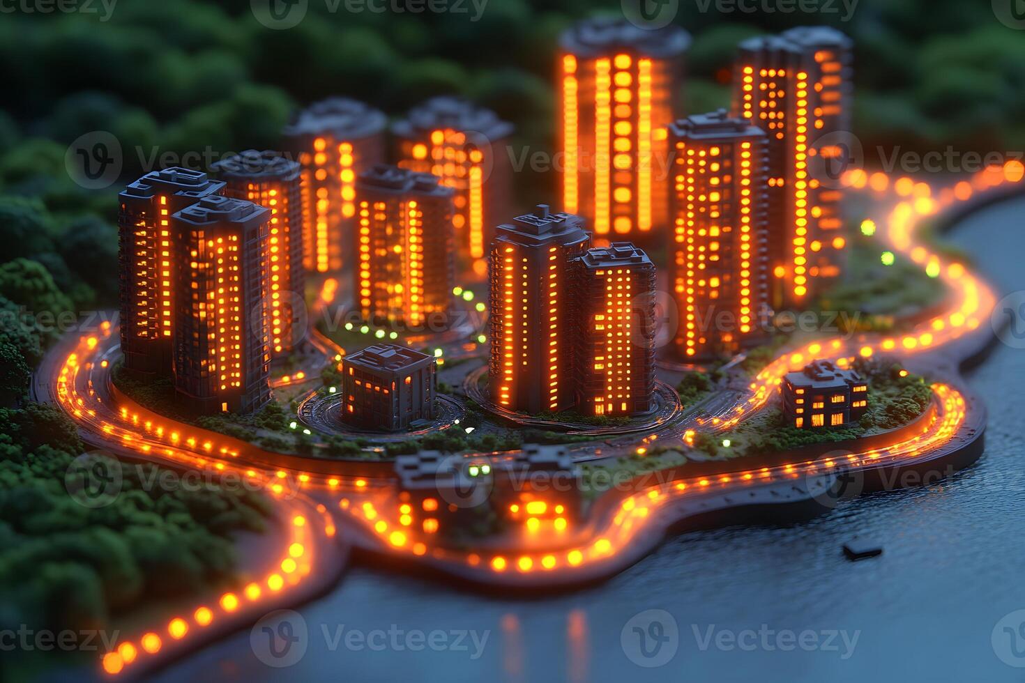 Illuminated Cityscape at Night with Vibrant High-Rise Buildings by Waterfront photo