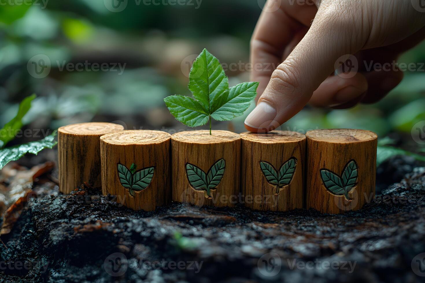 Sustainability Concept Nurturing Nature with Growing Tree Leaf on Wooden Blocks in Forest Setting photo