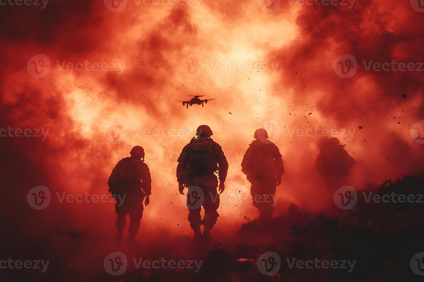 Dramatic Military Operation Scene with Soldiers and Drone in Fiery Smoke photo
