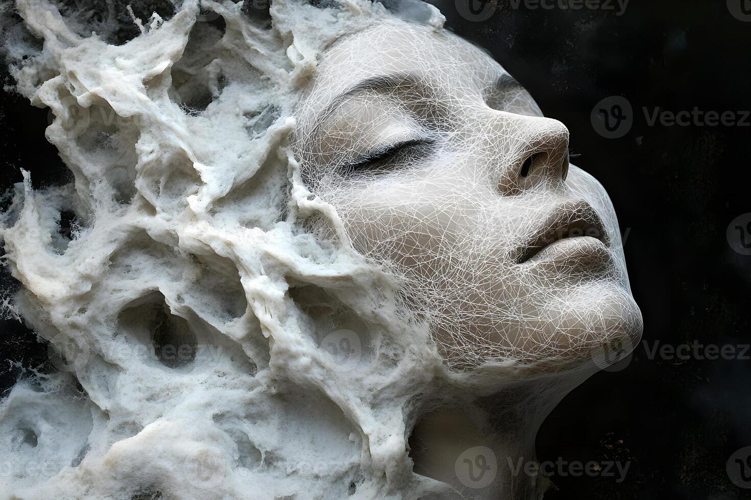 Surreal Dreamscape Artistic Face with Ethereal Web-Like Textures for Creative Designs photo