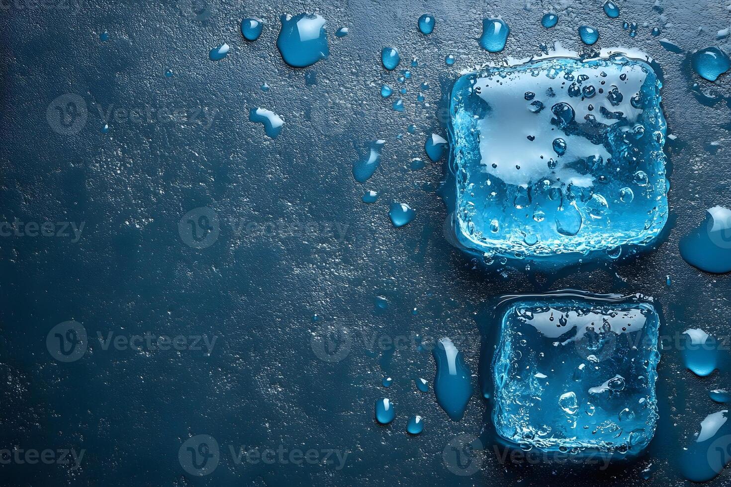 Chilled Refreshment Concept with Ice Cubes and Water Droplets on Dark Surface photo