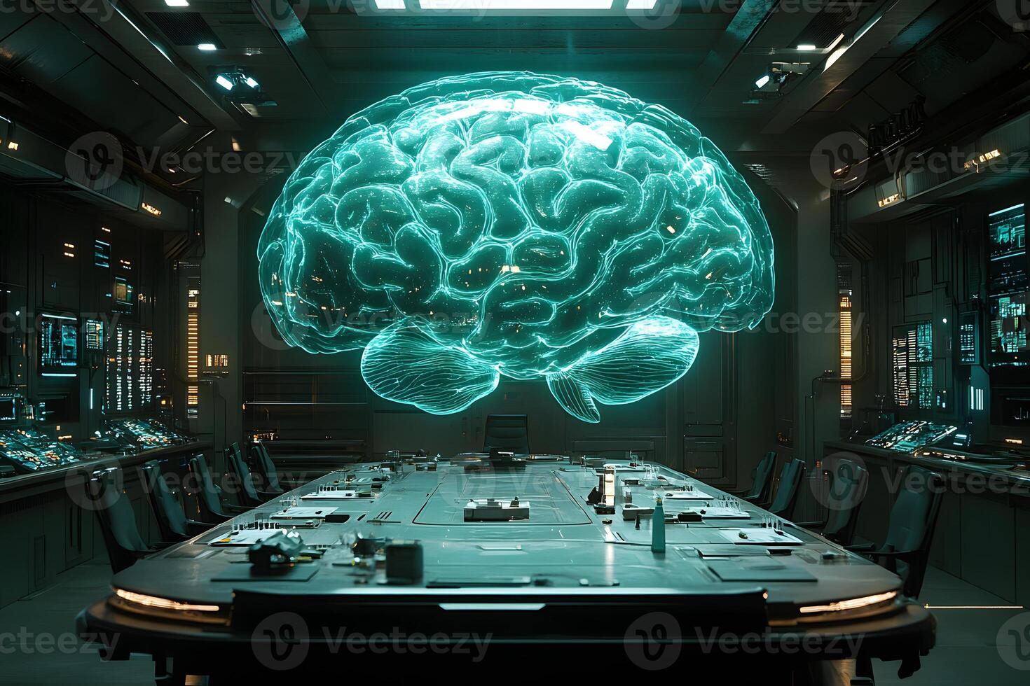 Futuristic Meeting Room with a Holographic Brain Display for High-Tech Presentations photo