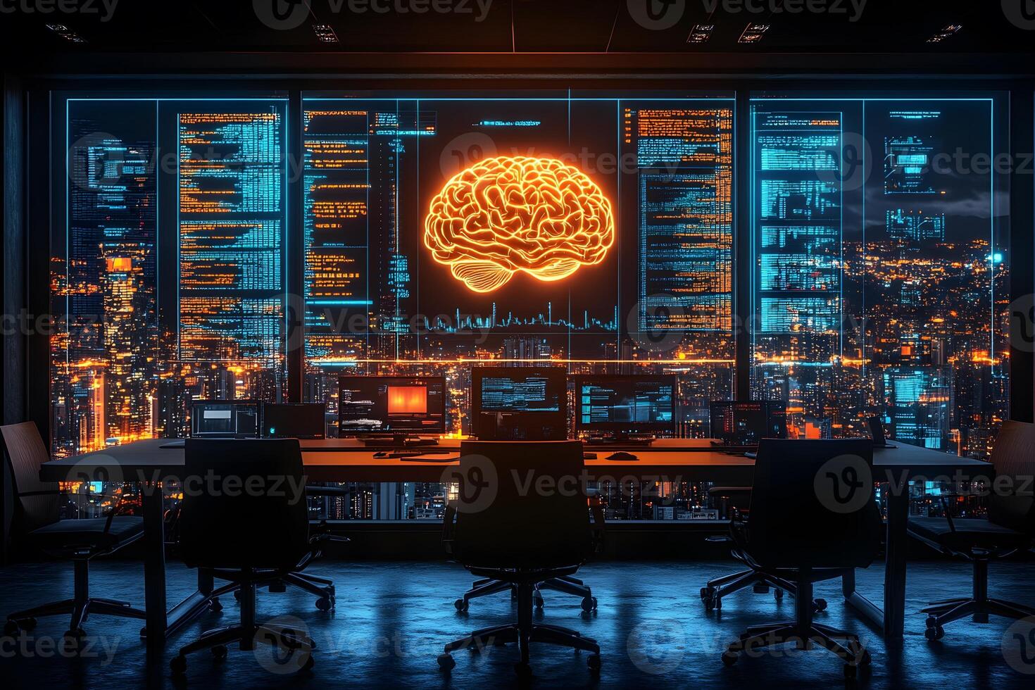 Futuristic AI Brain Interface in High-Tech Control Room Overlooking Cityscape photo