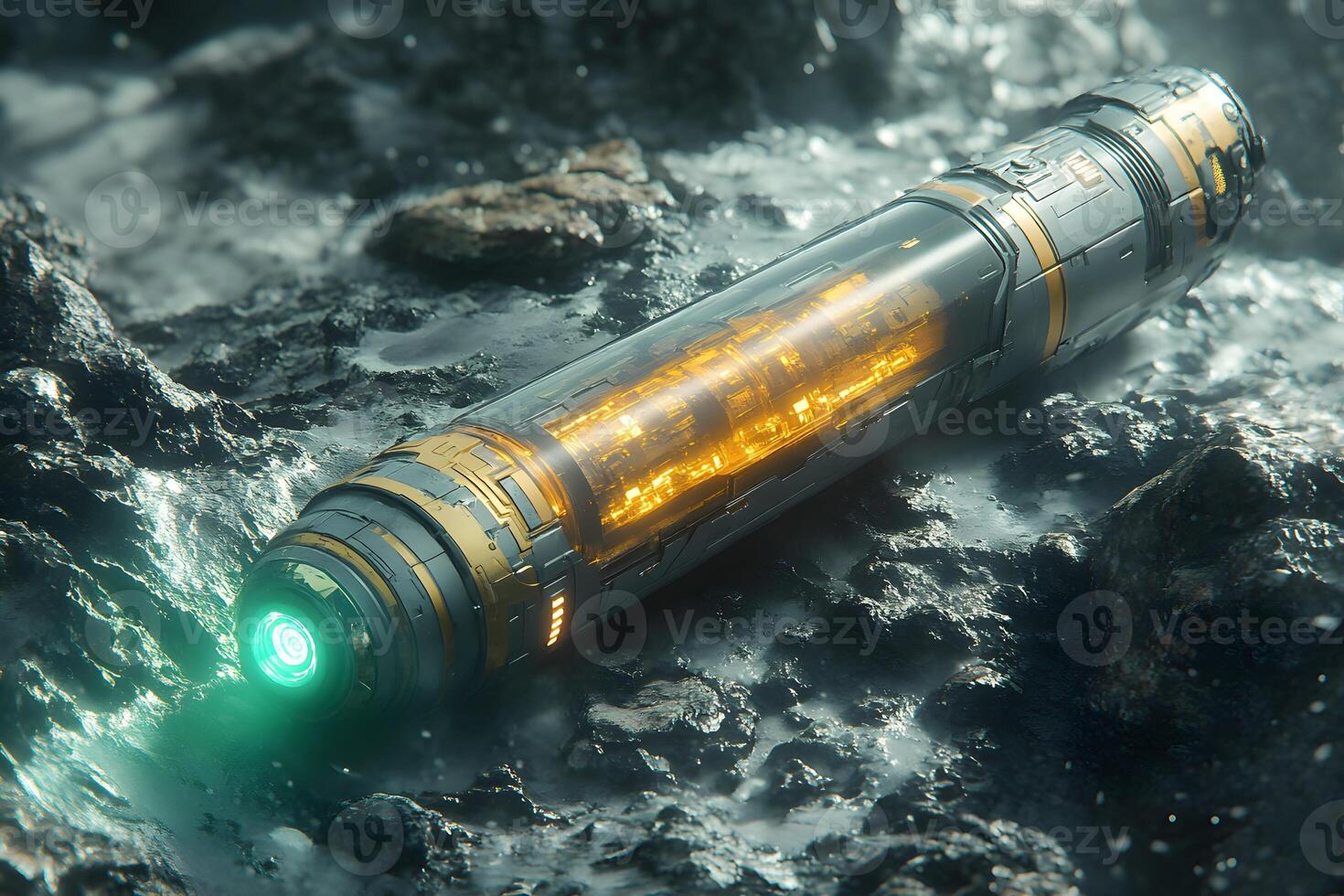 Futuristic Tech Artifact on Alien Terrain - Design for Sci-Fi Illustration or Poster photo