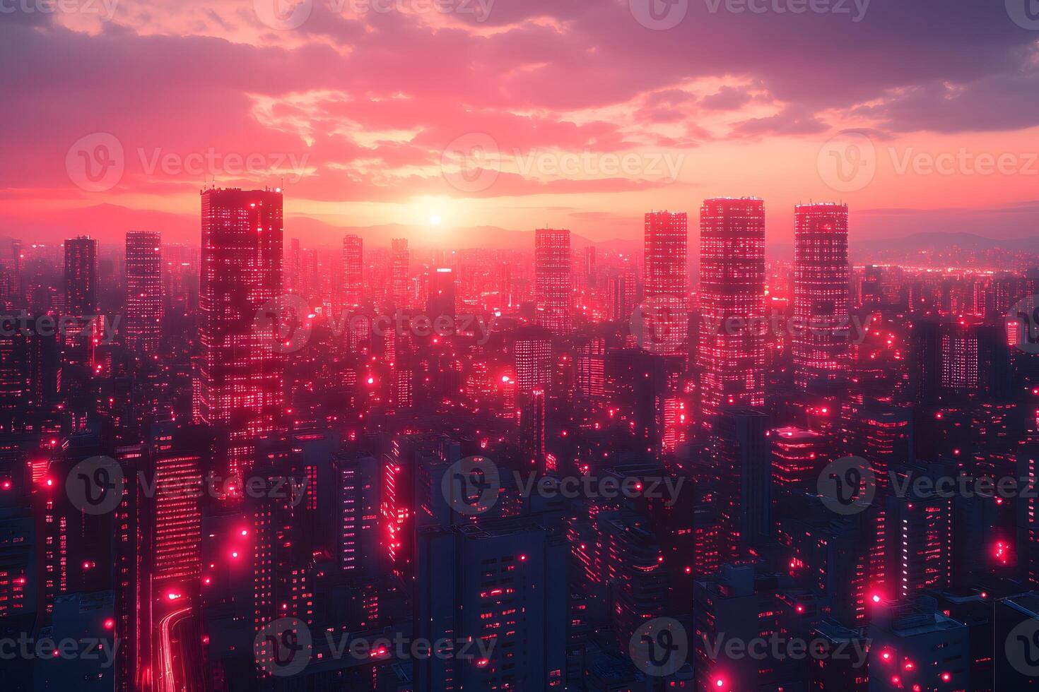 Futuristic Cyberpunk Cityscape at Sunset with Illuminated Skyscrapers photo