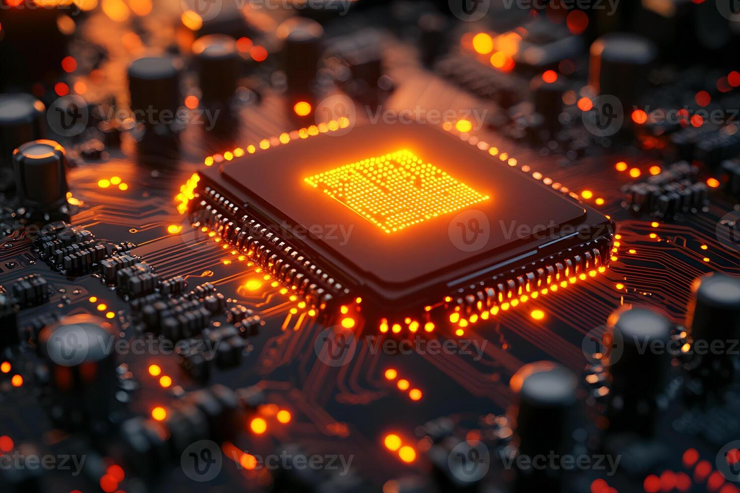 Cutting-Edge Technology Glowing Microchip on Circuit Board for Digital Innovation Design photo