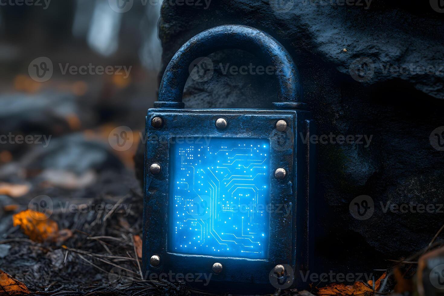 Futuristic Digital Lock Circuit Concept in Mysterious Forest Setting photo