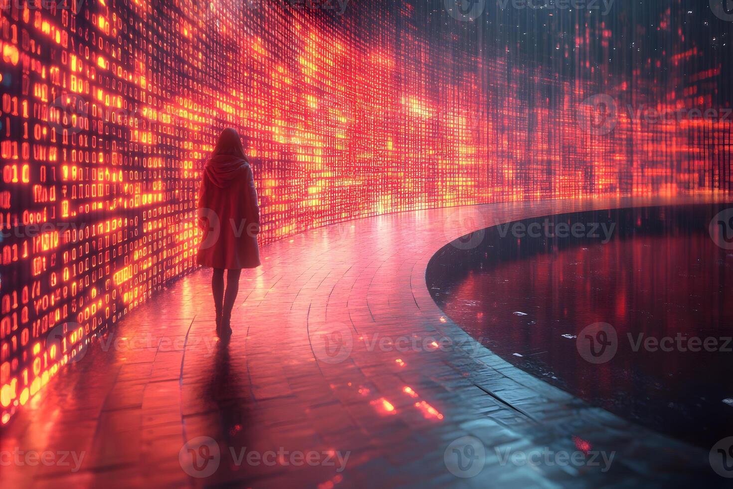 Futuristic Digital World Concept with Binary Code and Reflective Pathway for Technology Themes photo