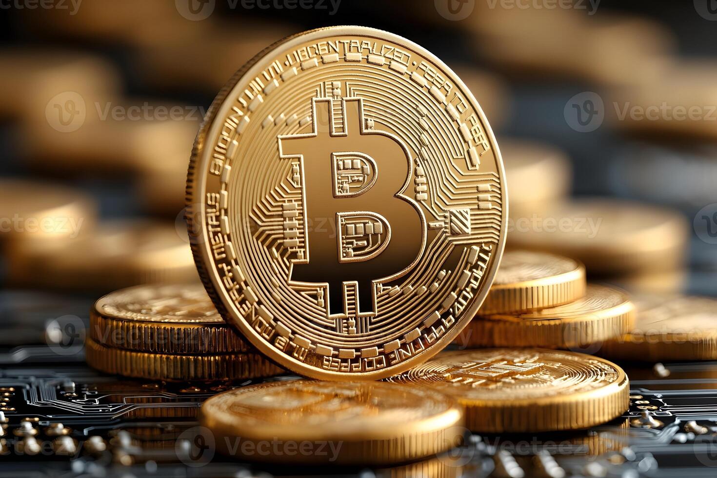 Golden Bitcoin Coins Standing on Circuit Board Background for Cryptocurrency Design photo