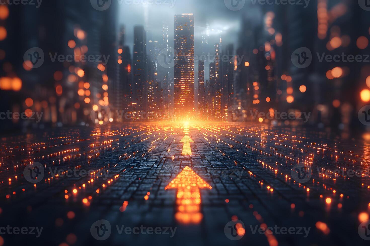 Futuristic Cyber Cityscape with Glowing Arrows Leading into a Metropolis photo