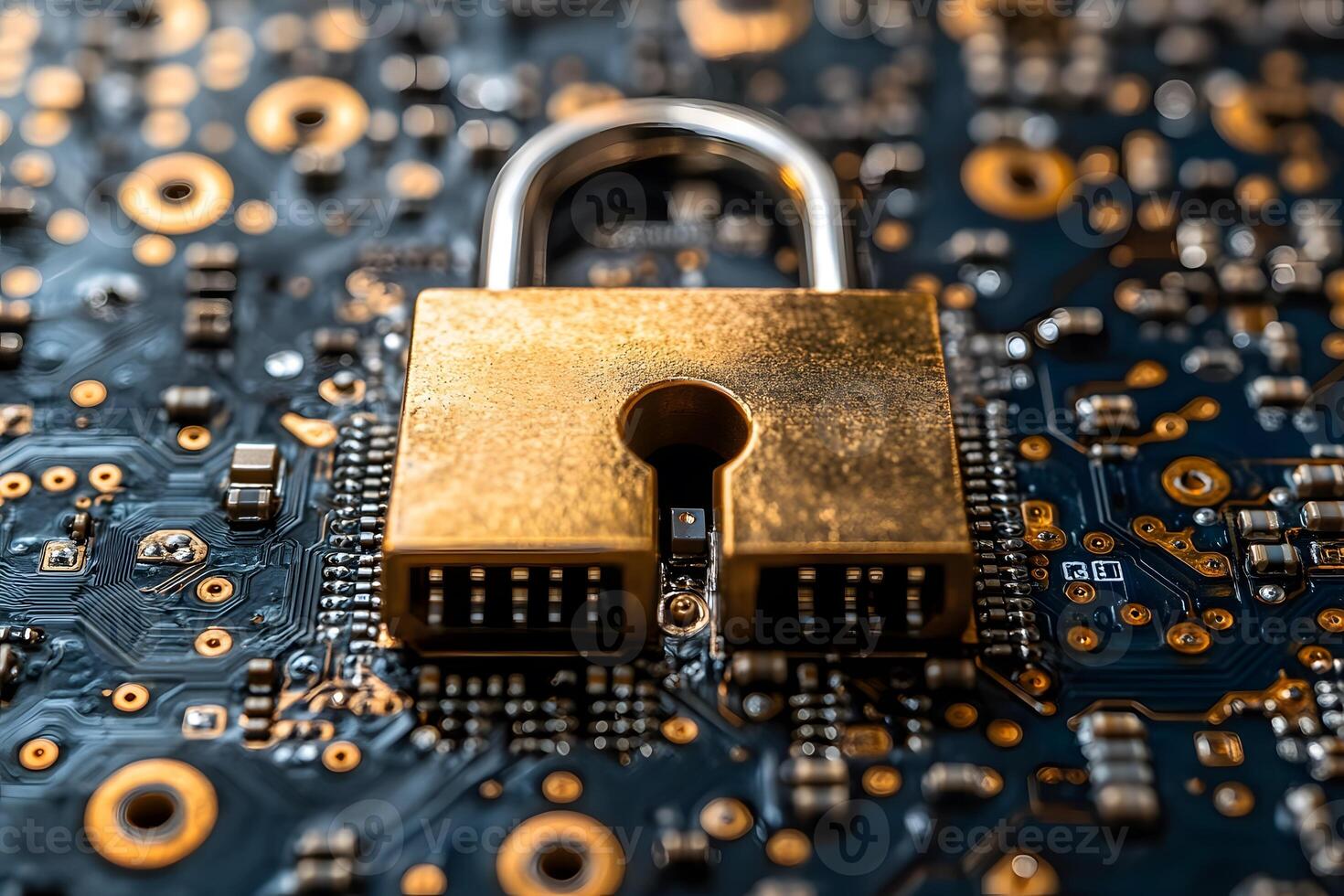 Cybersecurity Concept with Golden Lock on Circuit Board for Technology and Data Protection Design photo