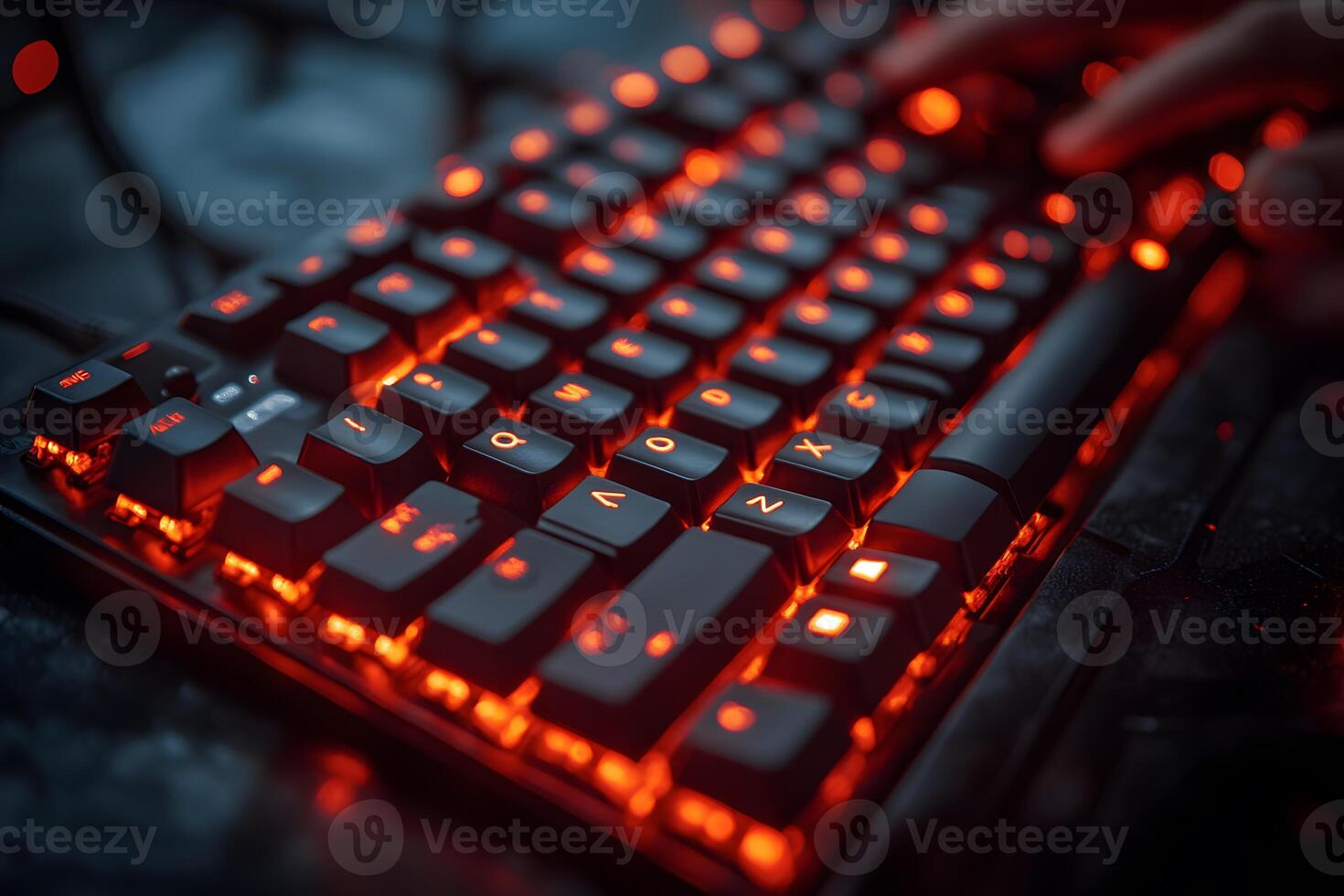 Glowing Mechanical Keyboard with Red Backlit Keys for Gaming and Typing Design photo