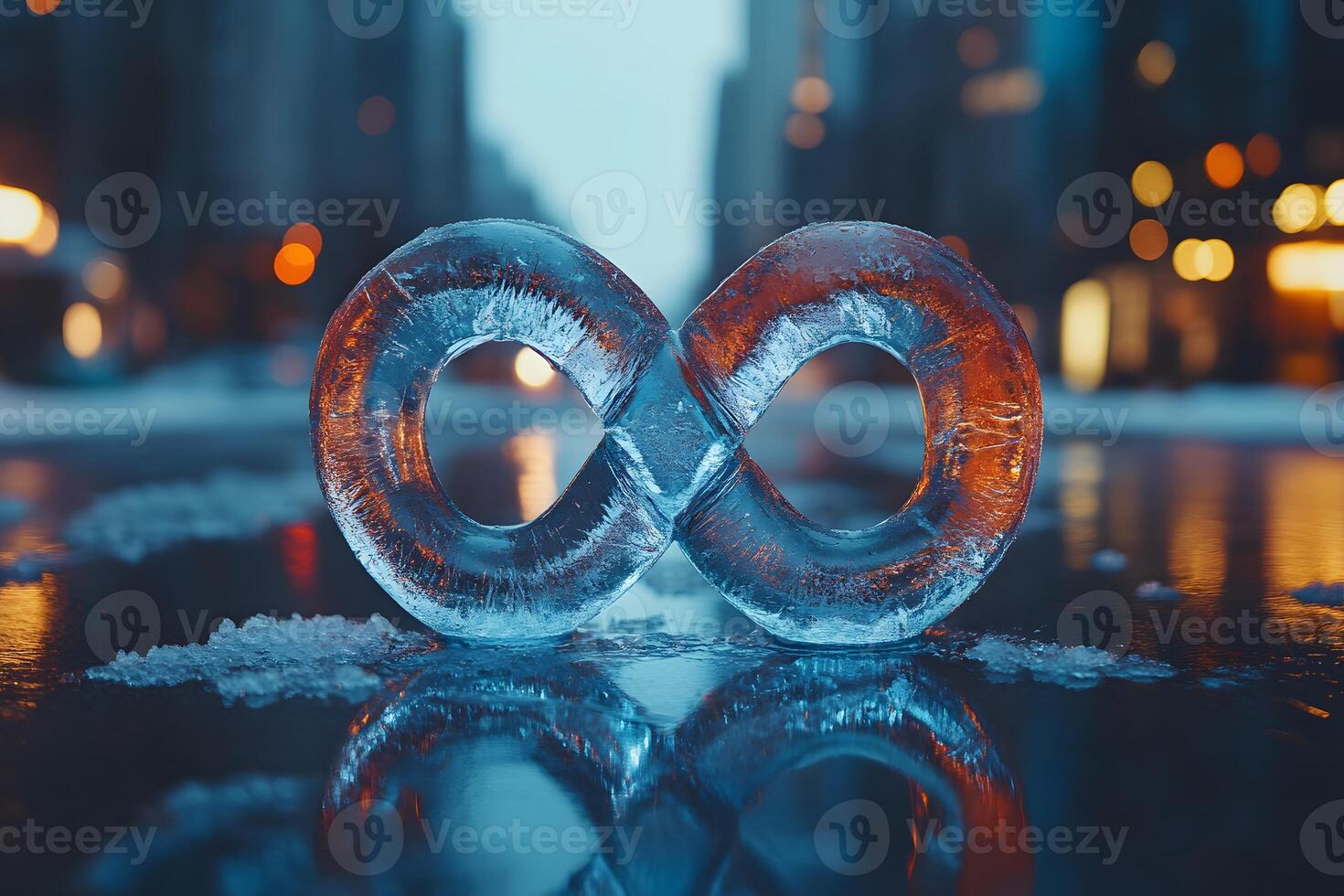 Infinity Symbol of Ice on City Street at Twilight photo