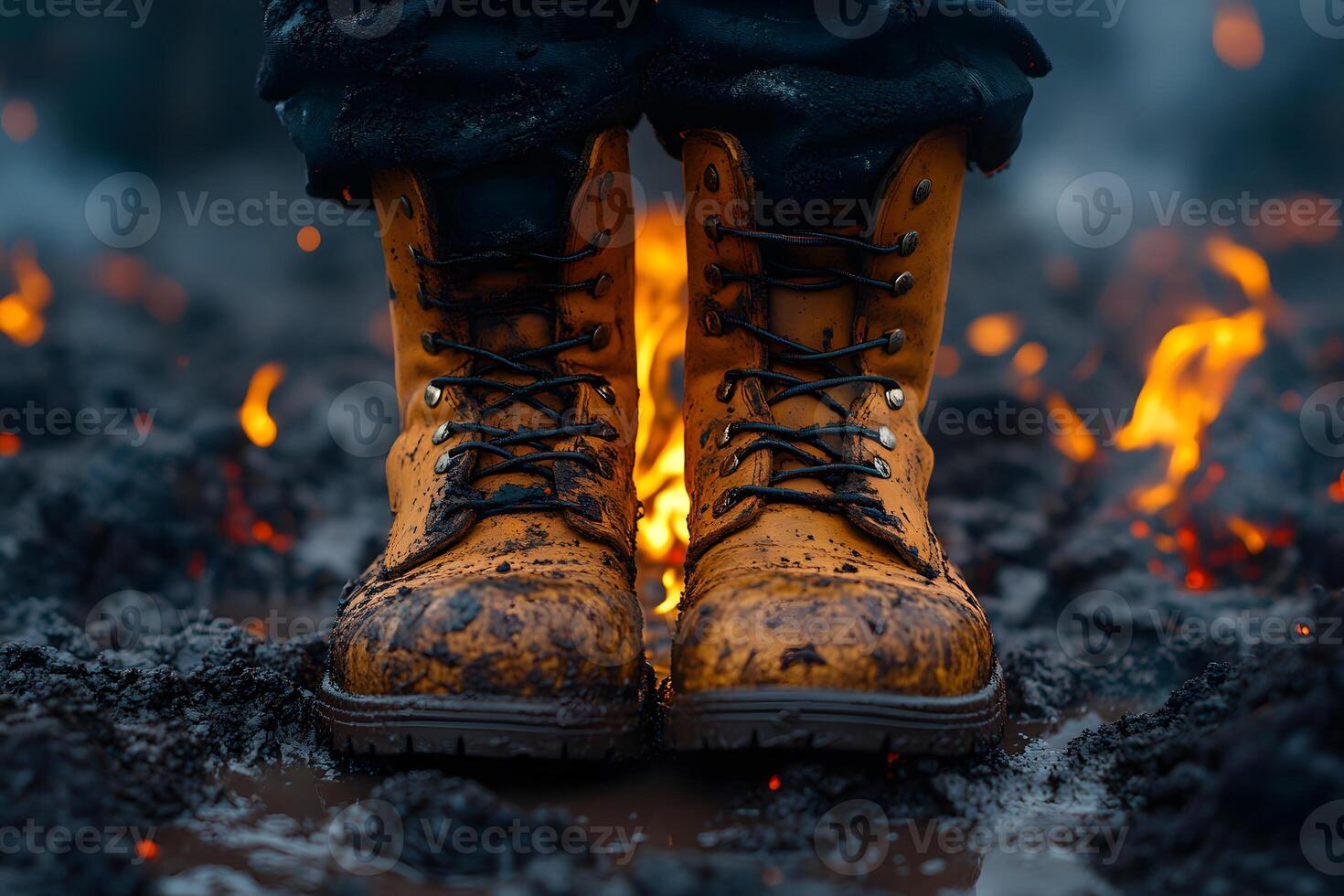 Rugged Work Boots on Muddy Ground with Flames Industrial Strength and Resilience photo