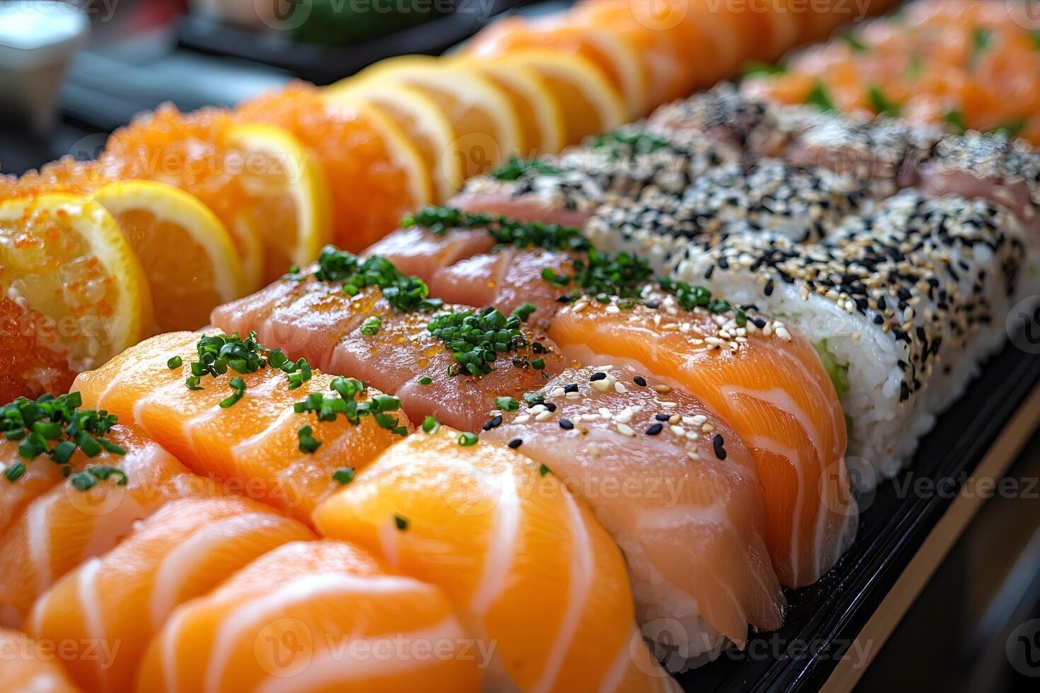 Assorted Sushi Rolls with Salmon, Tuna, Lemon Slices, and Sesame Seeds for Culinary Arts photo