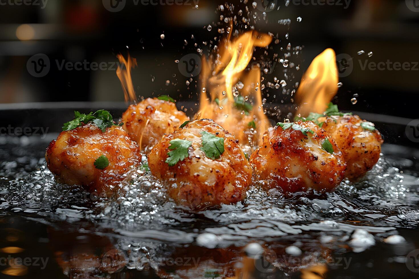 Gourmet Spicy Fried Shrimp with Fresh Herb Garnish for Culinary Art and Recipe Design photo
