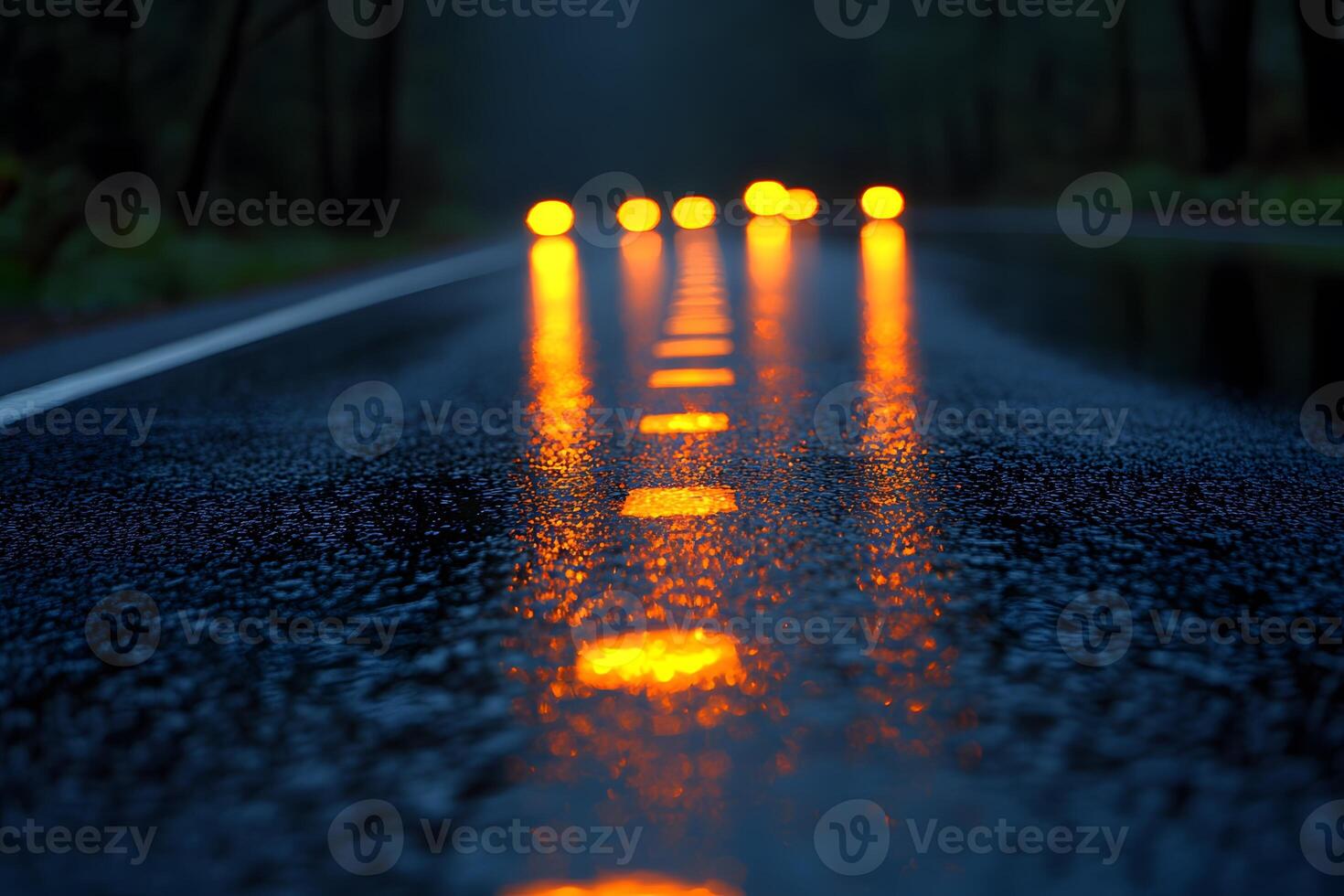 Moody Road Scene with Glowing Headlights on Wet Pavement photo
