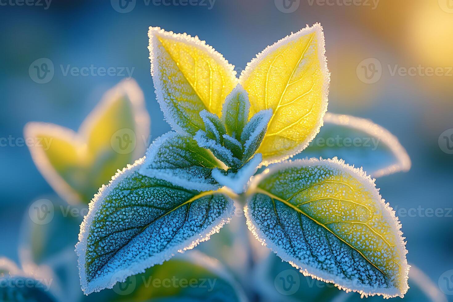 Frost-Kissed Leaves in Morning Light Nature's Winter Beauty for Seasonal Print Design photo