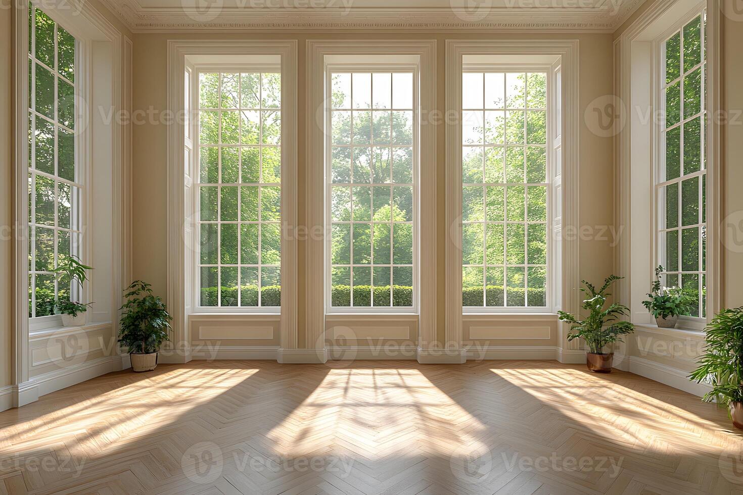 Elegant Sunlit Interior with Large Windows and Lush Garden View for Home Design Inspiration photo