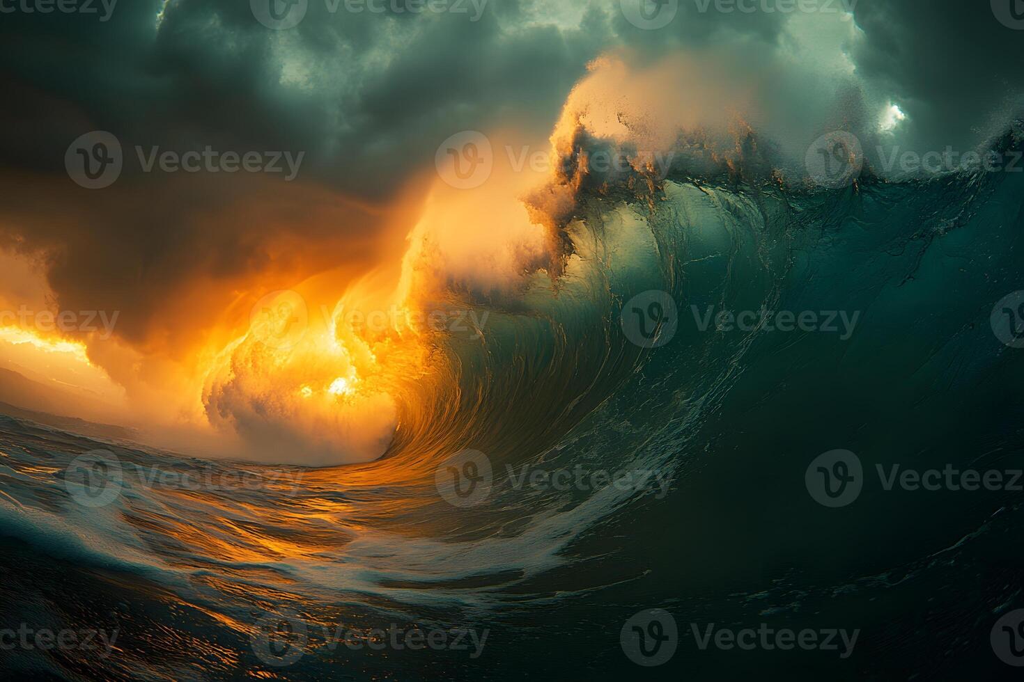 Dramatic Ocean Wave at Sunset with Vibrant Sky Colors - Nature's Power and Beauty photo