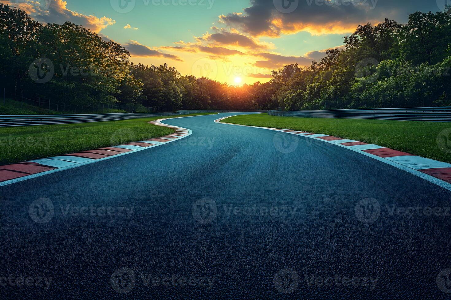 Scenic Sunset Over a Serene Race Track Surrounded by Lush Greenery photo