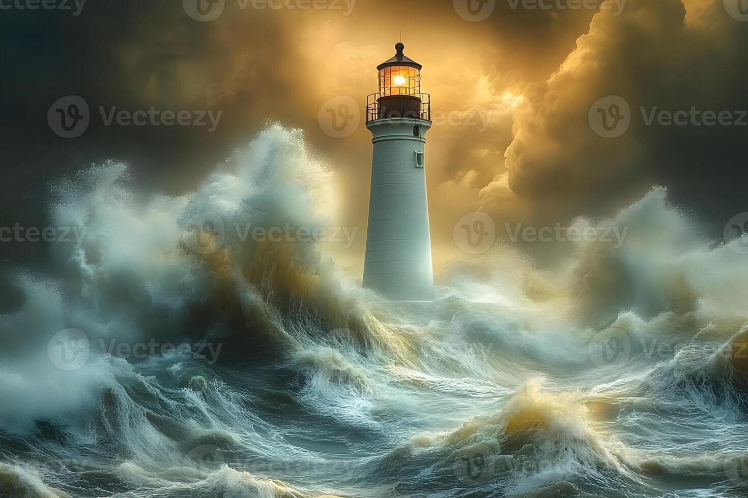 Majestic Lighthouse Amidst Turbulent Ocean Waves - Dramatic Seascape for Artistic Display photo