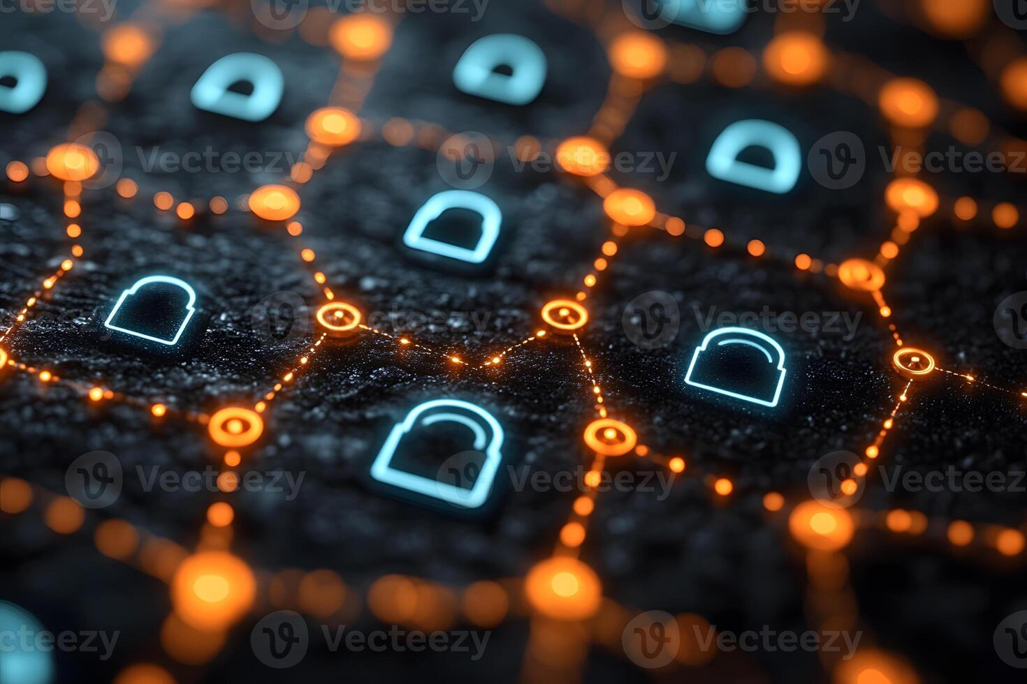 Digital Cybersecurity Network with Illuminated Lock Icons - Advanced Technology Concept photo