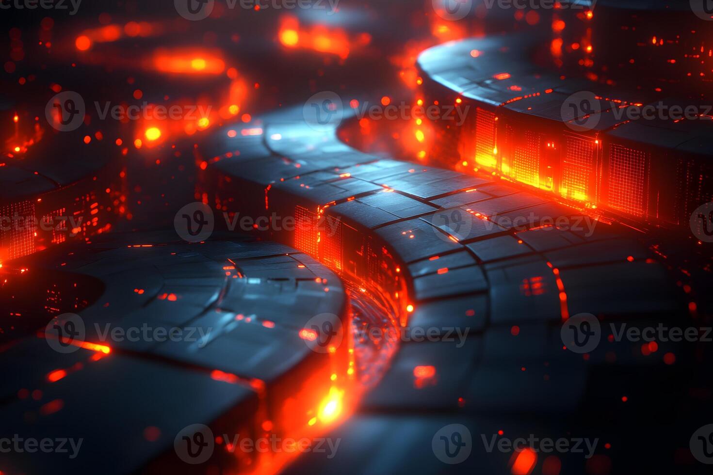Futuristic Glowing Circuit Pathway in a Sci-Fi Digital Landscape photo