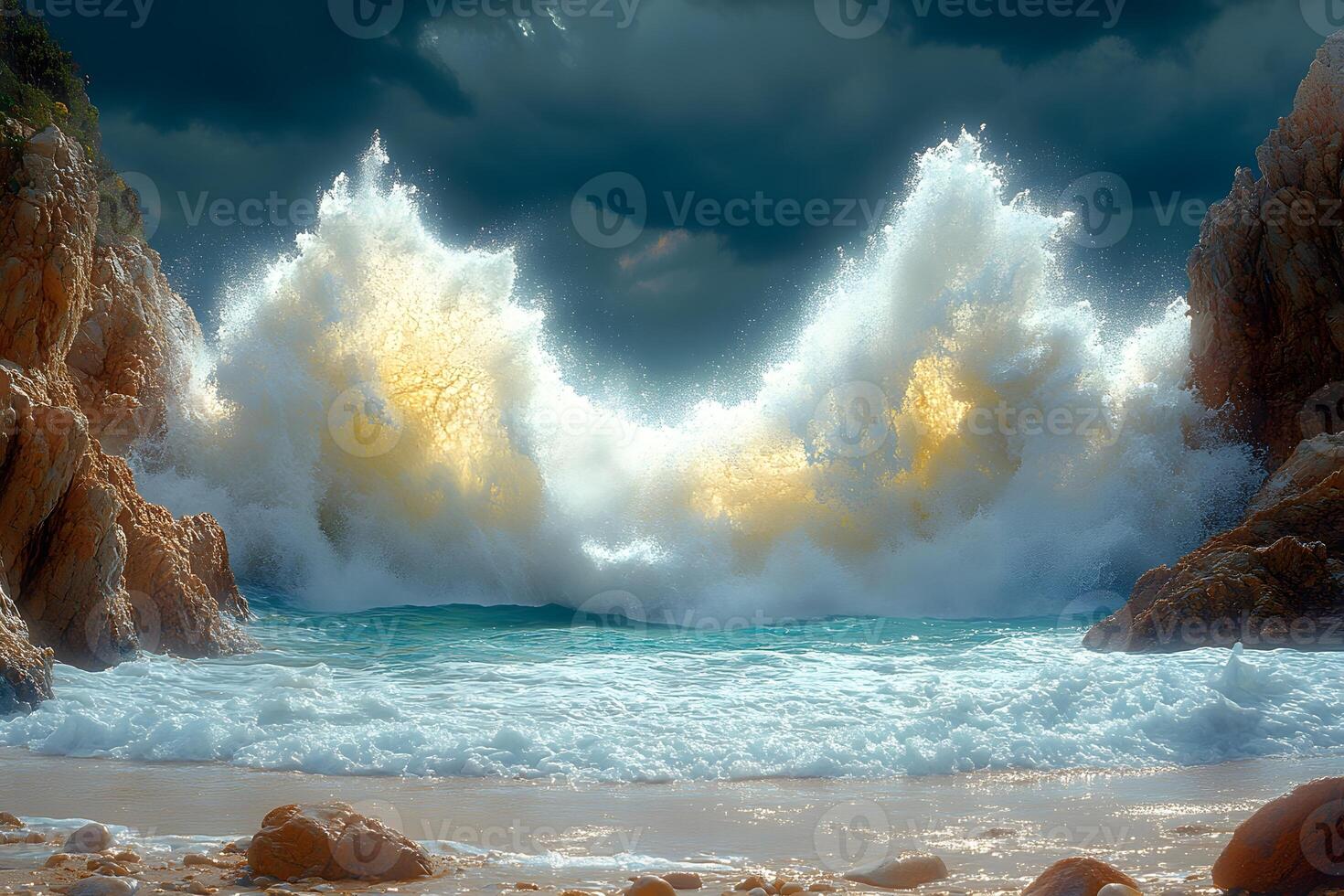 Majestic Ocean Waves Crashing Against Rocky Coastline at Dusk photo