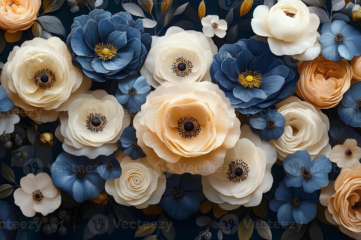 Elegant Paper Flower Arrangement in Blue and Cream Tones for Decorative Art photo
